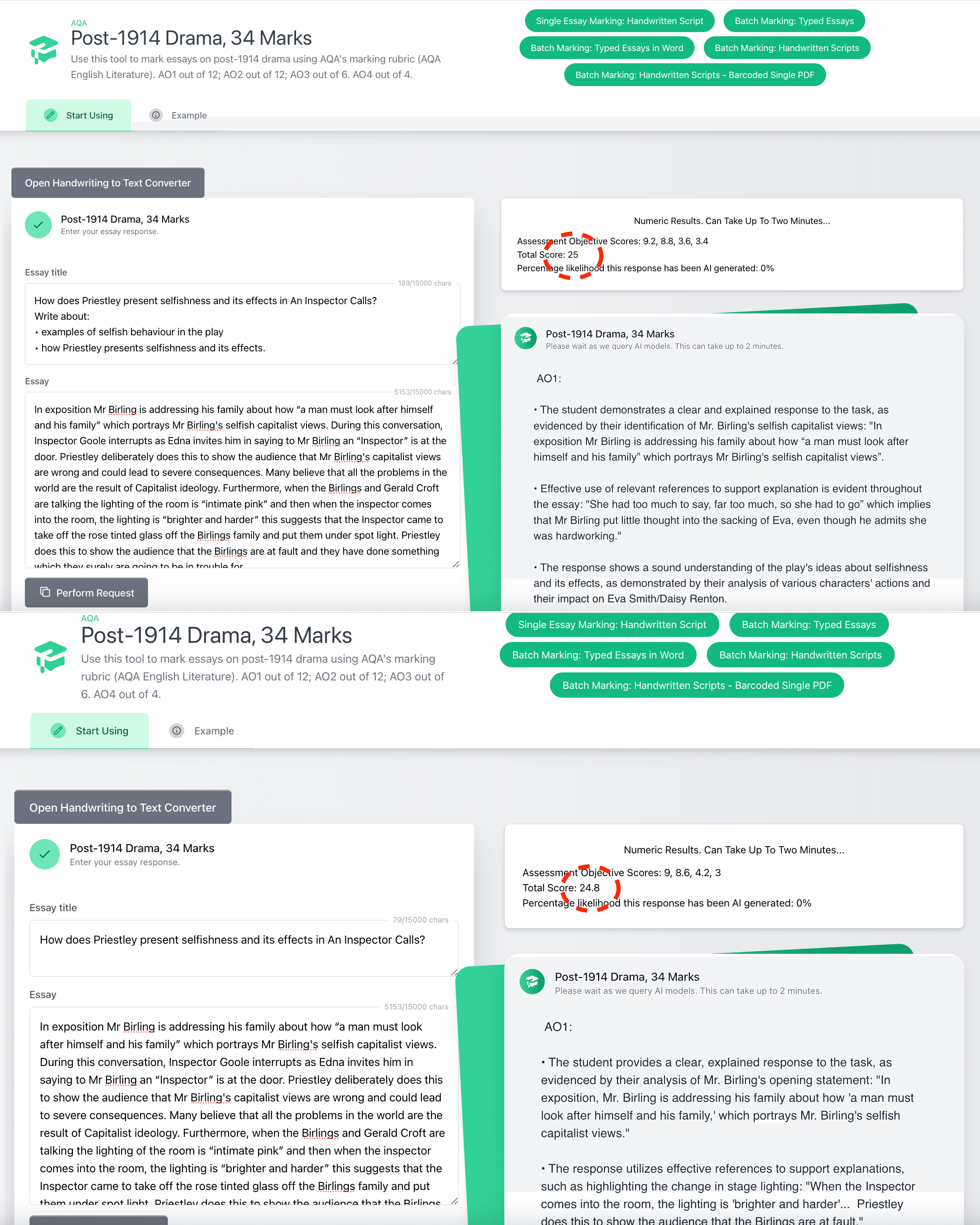 Top Marks AI marking results for second essay