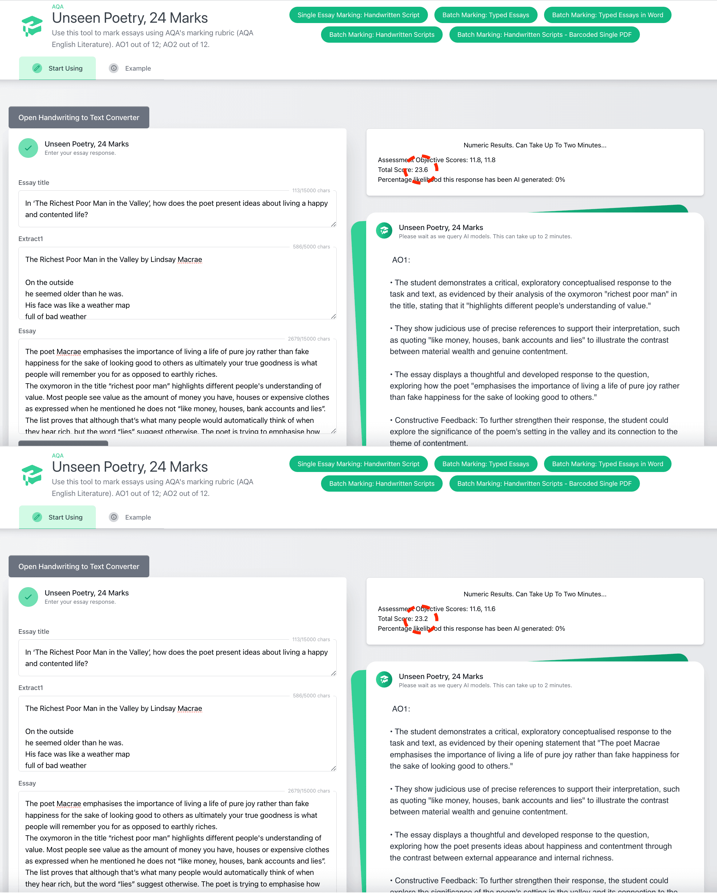 Top Marks AI marking results for top grade essay