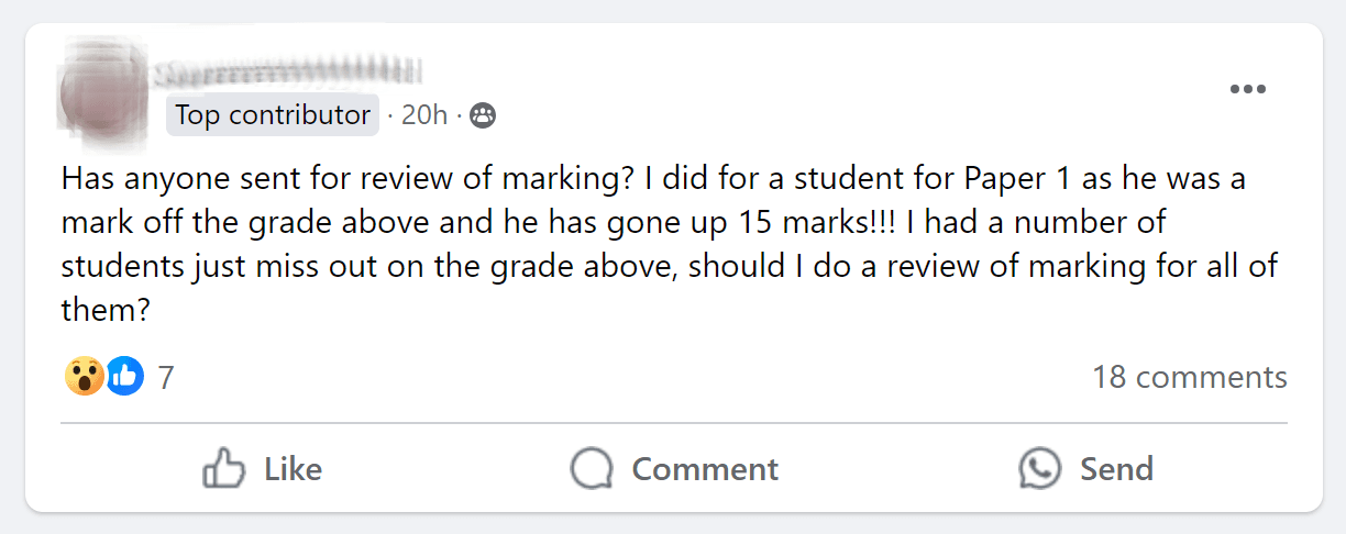 Facebook post about inconsistent marking